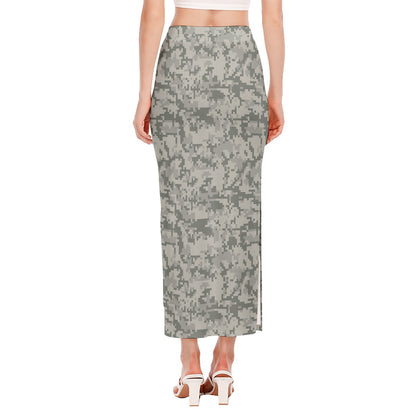 Tan Digital Camo Pattern Print Side Slit Maxi Skirt
