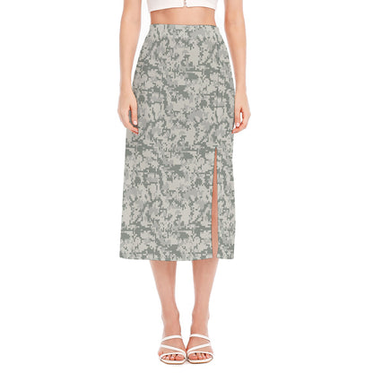 Tan Digital Camo Pattern Print Side Slit Midi Skirt
