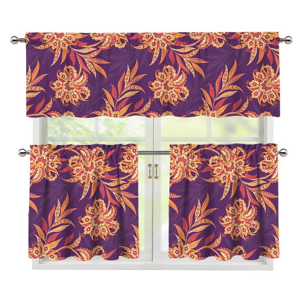 Tangerine Floral Bohemian Pattern Print 3 Piece Kitchen Curtains