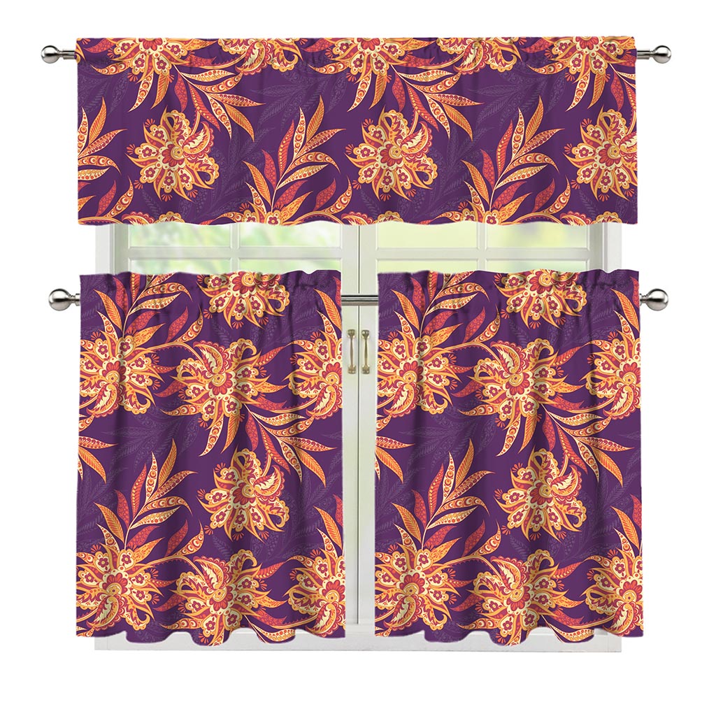 Tangerine Floral Bohemian Pattern Print 3 Piece Kitchen Curtains