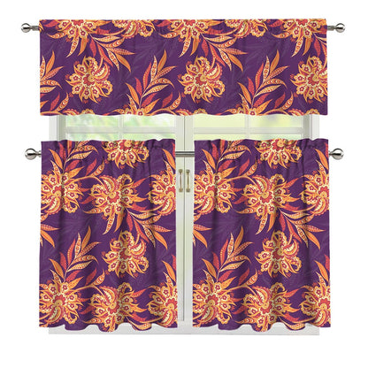 Tangerine Floral Bohemian Pattern Print 3 Piece Kitchen Curtains