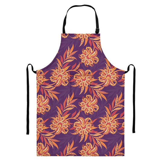 Tangerine Floral Bohemian Pattern Print Bib Apron With Pocket