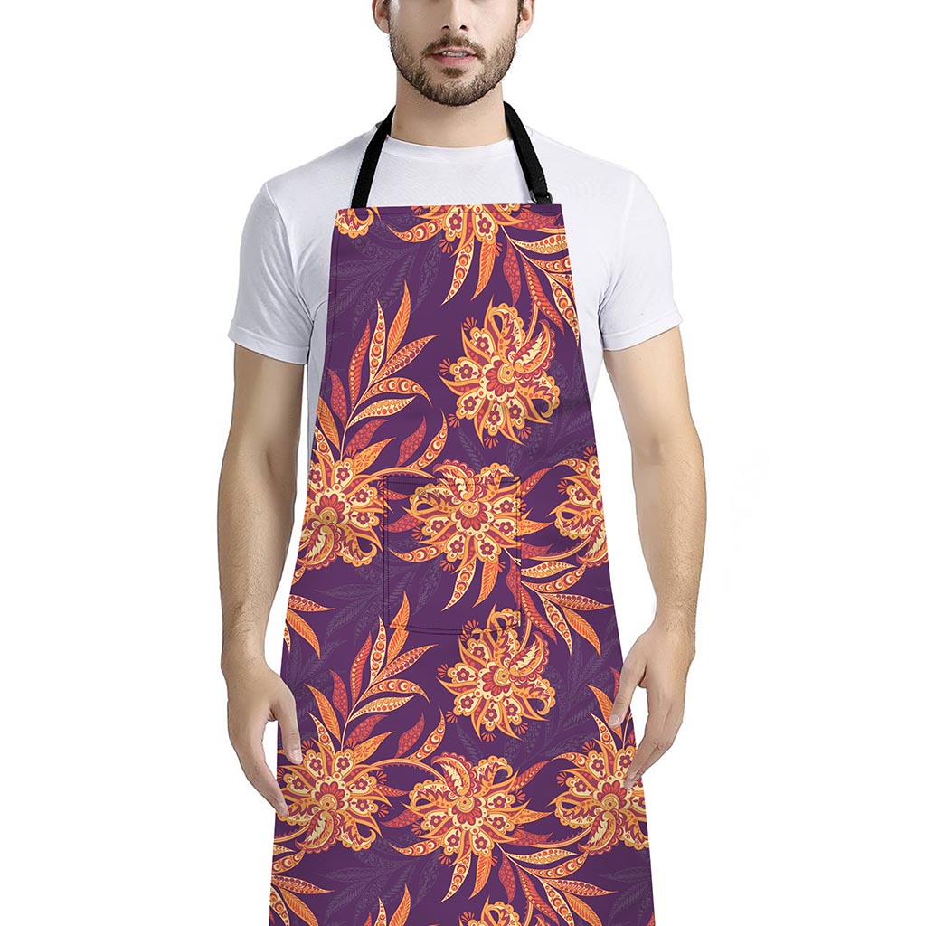 Tangerine Floral Bohemian Pattern Print Bib Apron With Pocket