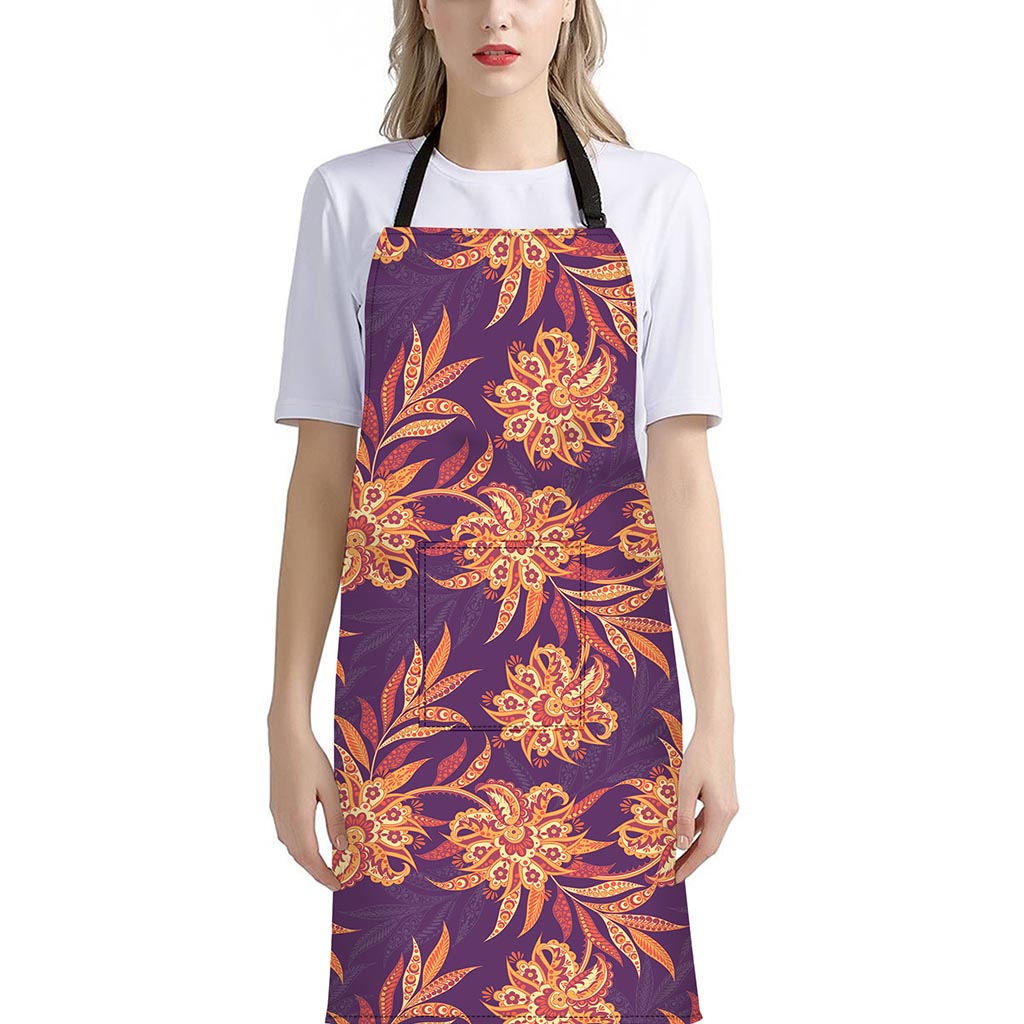 Tangerine Floral Bohemian Pattern Print Bib Apron With Pocket