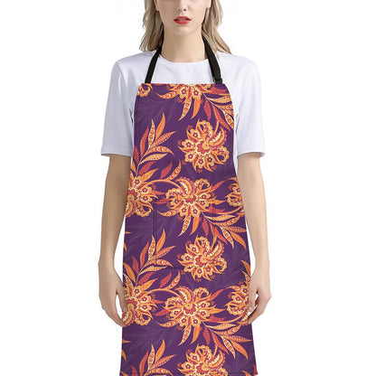 Tangerine Floral Bohemian Pattern Print Bib Apron With Pocket
