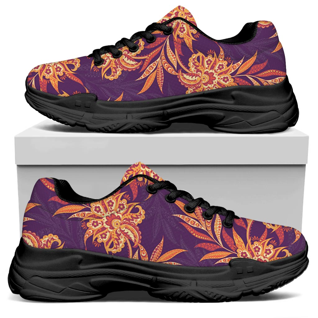 Tangerine Floral Bohemian Pattern Print Black Chunky Shoes