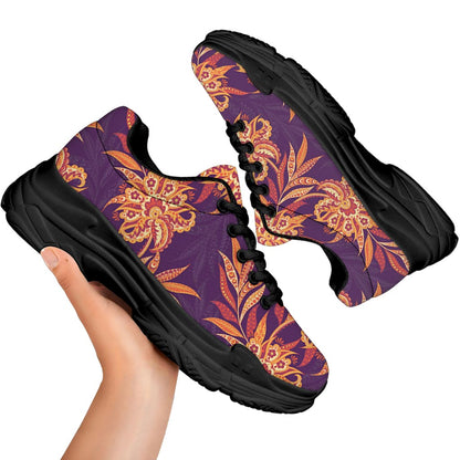 Tangerine Floral Bohemian Pattern Print Black Chunky Shoes