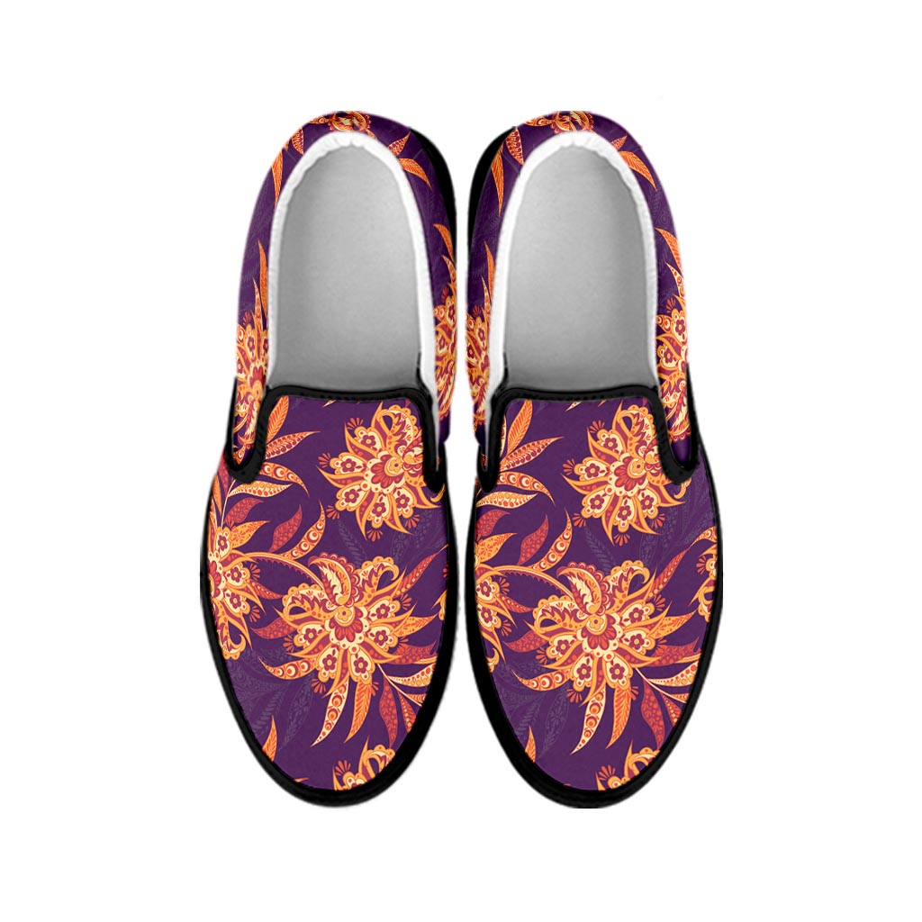 Tangerine Floral Bohemian Pattern Print Black Slip On Sneakers