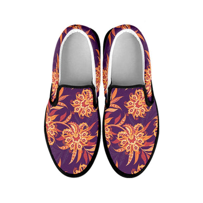 Tangerine Floral Bohemian Pattern Print Black Slip On Sneakers