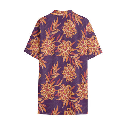 Tangerine Floral Bohemian Pattern Print Cotton Hawaiian Shirt