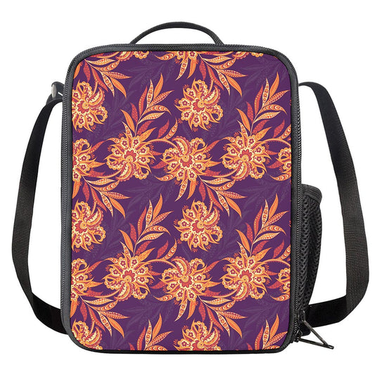 Tangerine Floral Bohemian Pattern Print Crossbody Lunch Bag