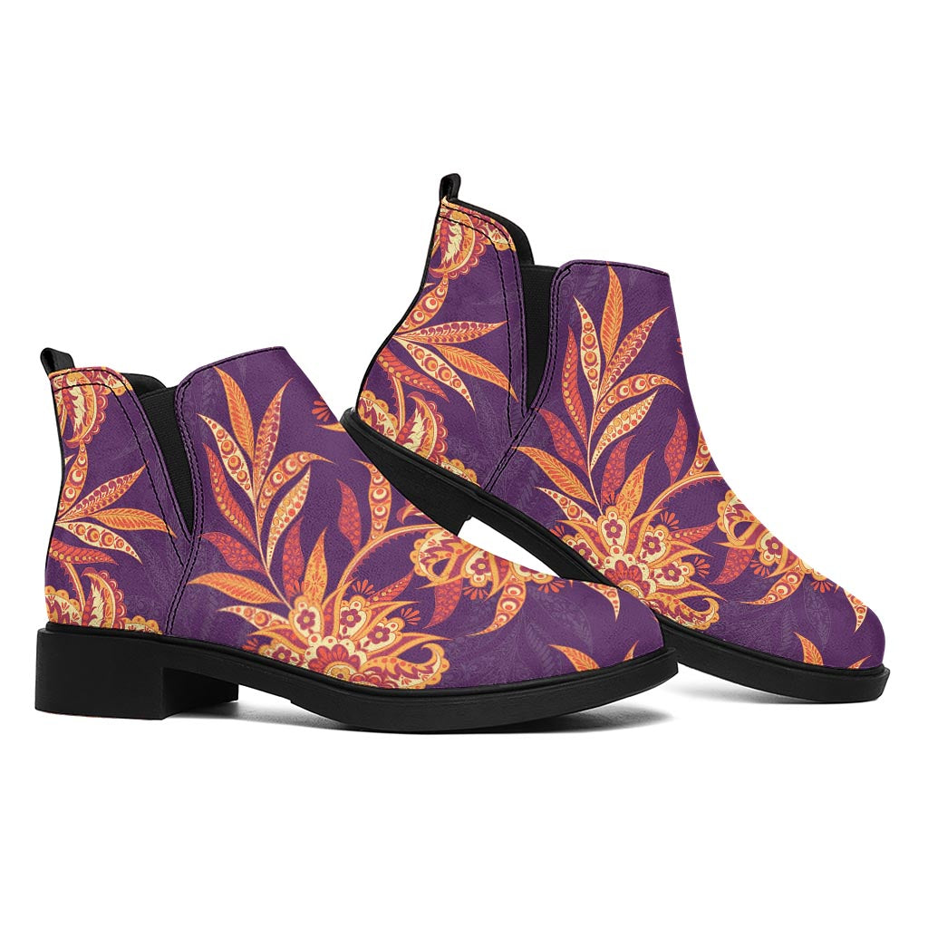 Tangerine Floral Bohemian Pattern Print Flat Ankle Boots