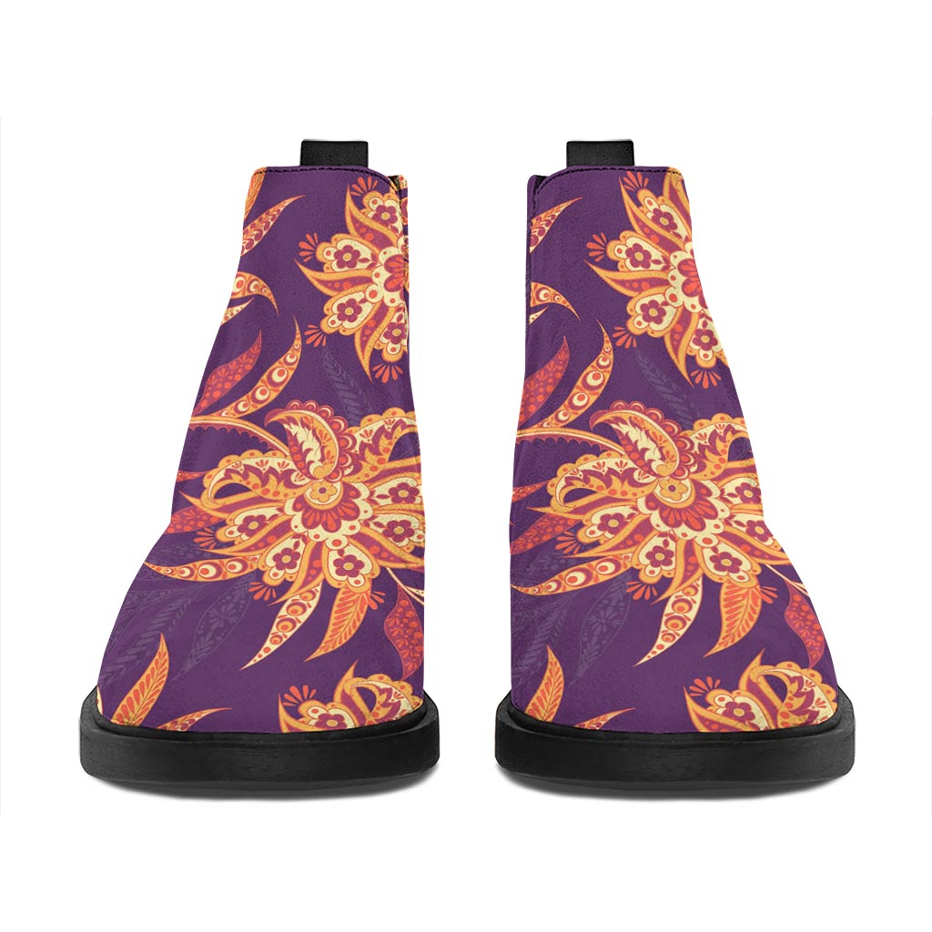 Tangerine Floral Bohemian Pattern Print Flat Ankle Boots