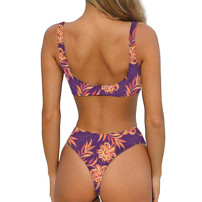 Tangerine Floral Bohemian Pattern Print Front Bow Tie Bikini