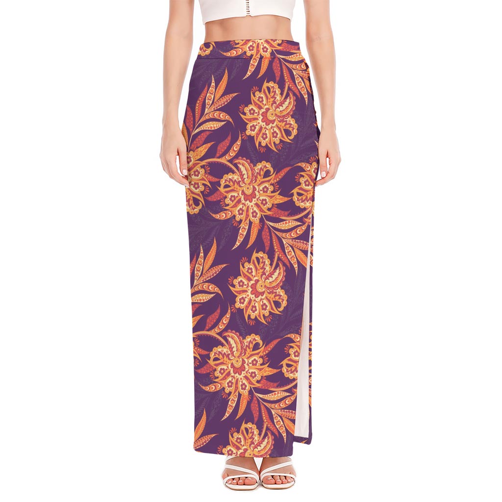 Tangerine Floral Bohemian Pattern Print High Slit Maxi Skirt