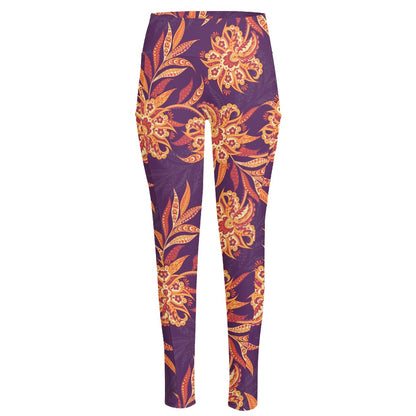 Tangerine Floral Bohemian Pattern Print High-Waisted Pocket Leggings