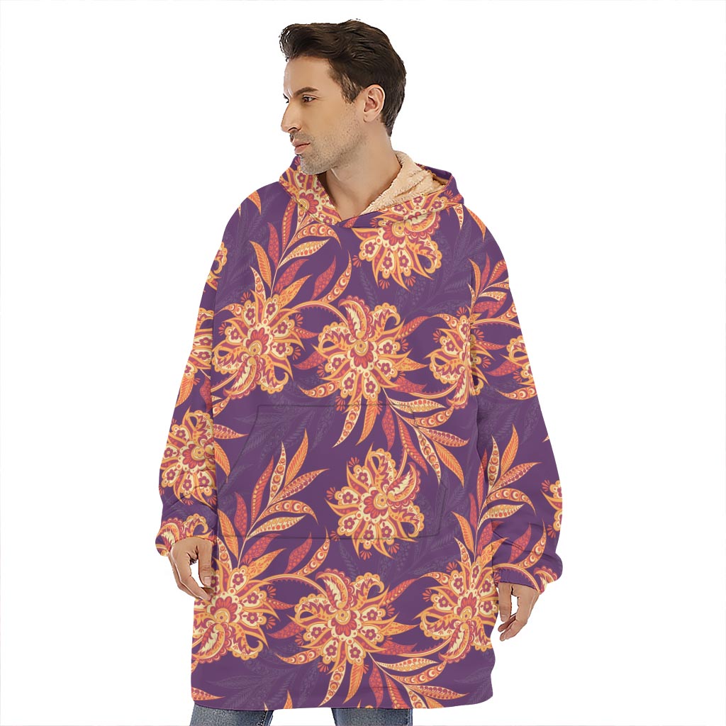 Tangerine Floral Bohemian Pattern Print Hoodie Blanket