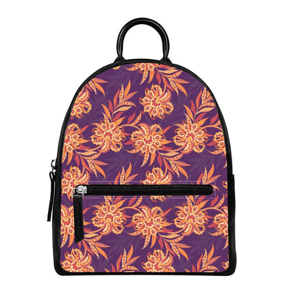 Tangerine Floral Bohemian Pattern Print Leather Backpack