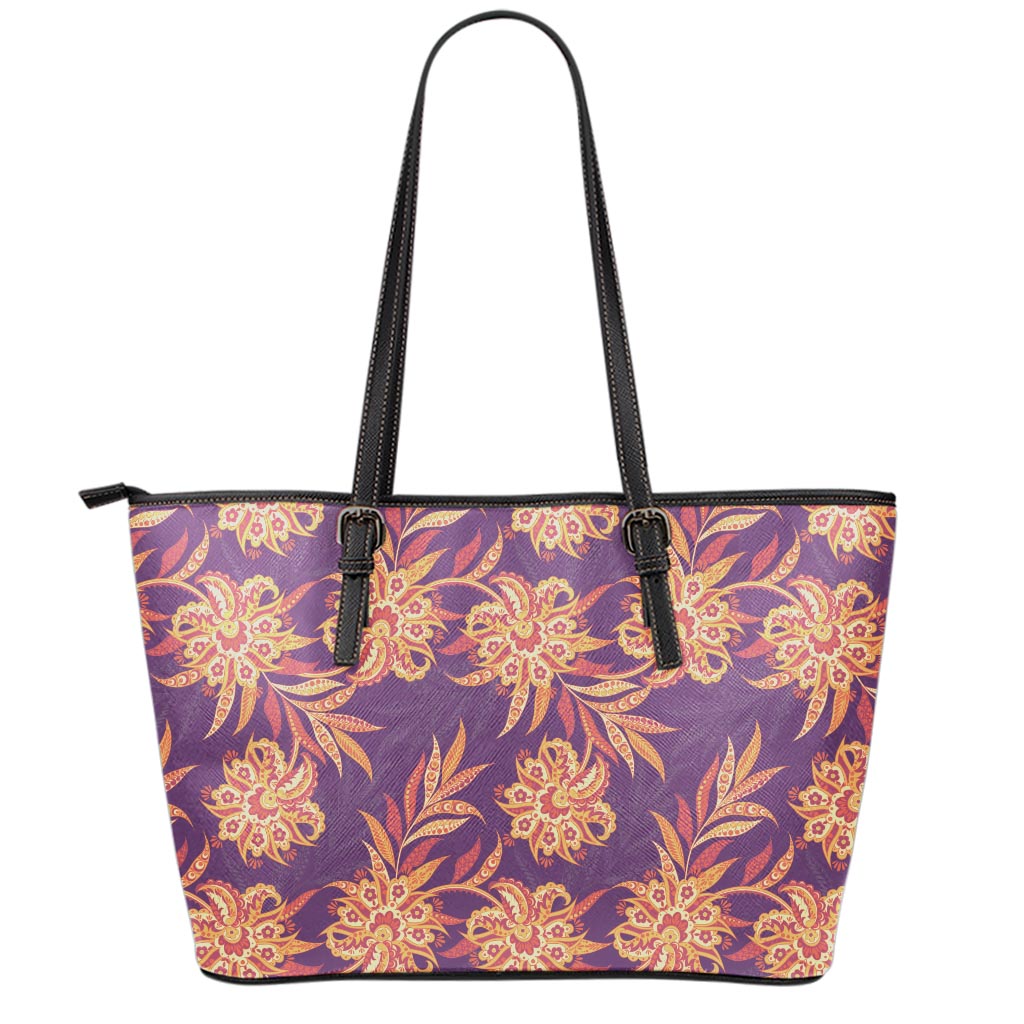 Tangerine Floral Bohemian Pattern Print Leather Tote Bag
