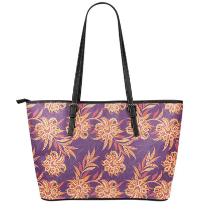 Tangerine Floral Bohemian Pattern Print Leather Tote Bag