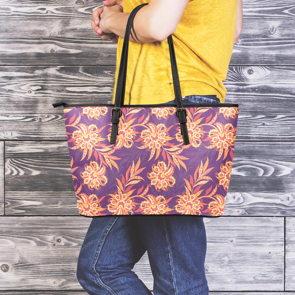 Tangerine Floral Bohemian Pattern Print Leather Tote Bag