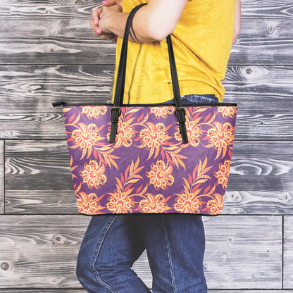 Tangerine Floral Bohemian Pattern Print Leather Tote Bag