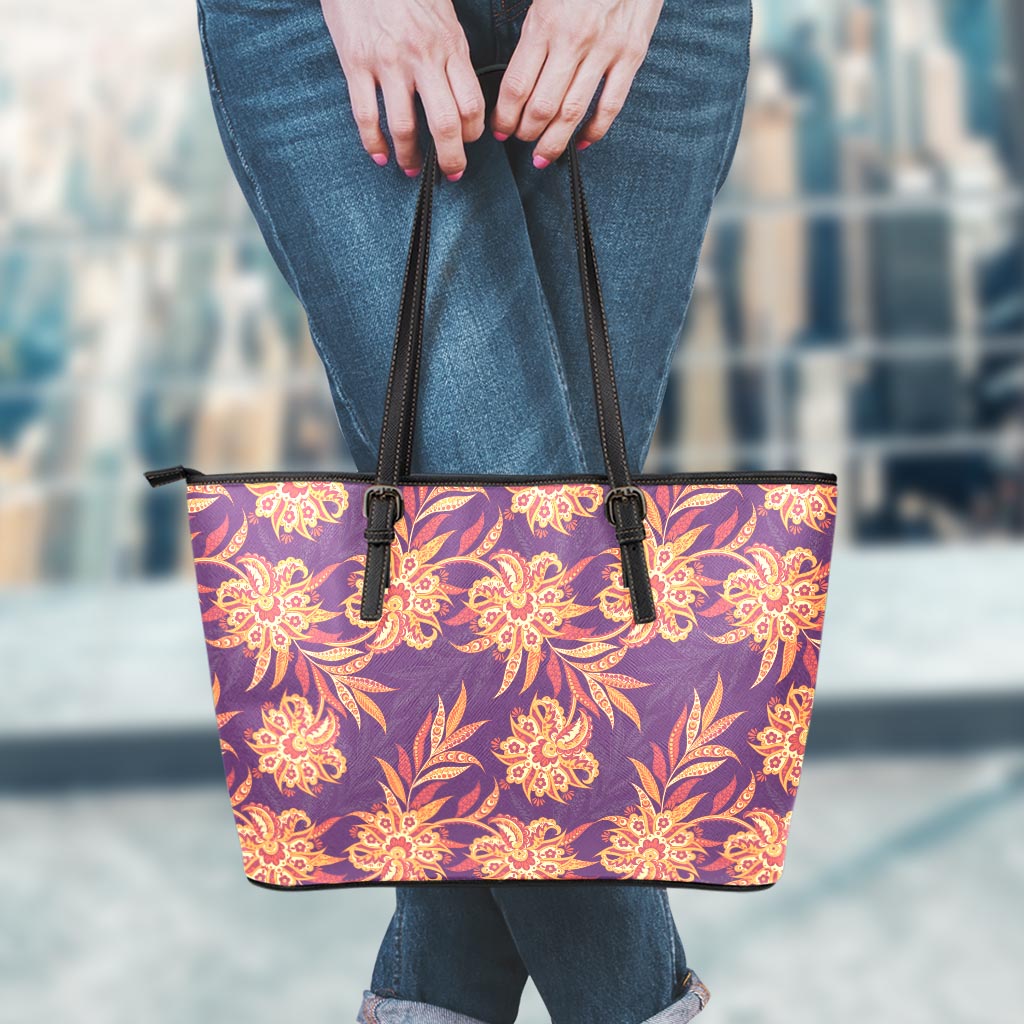 Tangerine Floral Bohemian Pattern Print Leather Tote Bag