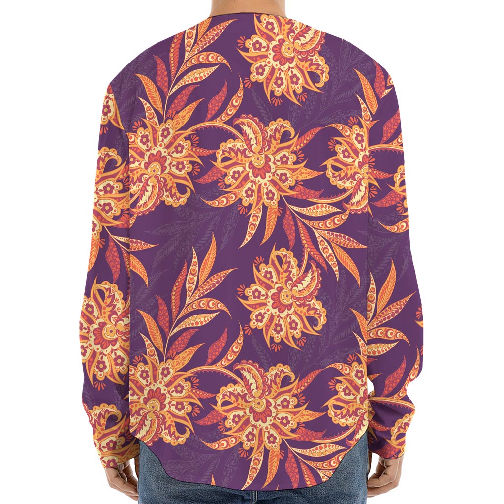 Tangerine Floral Bohemian Pattern Print Long Sleeve Baseball Jersey