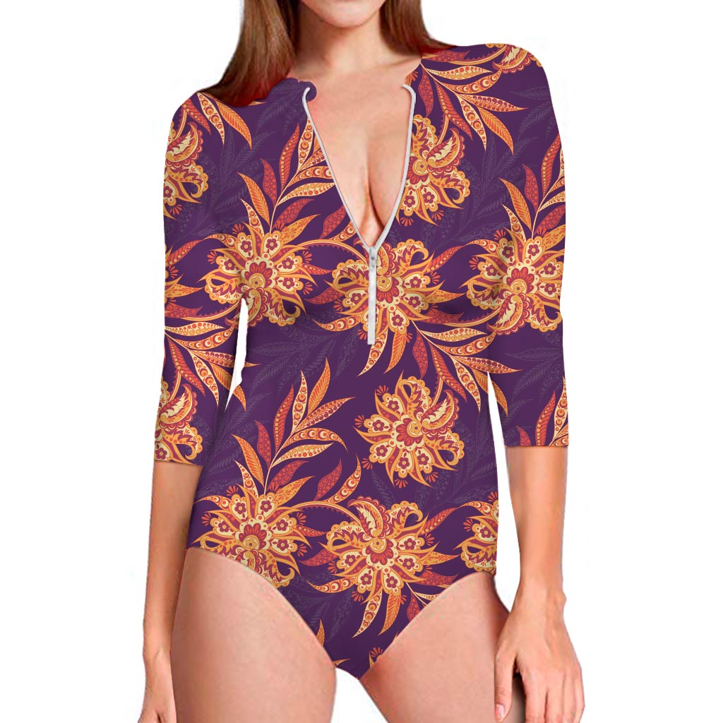Tangerine Floral Bohemian Pattern Print Long Sleeve Swimsuit