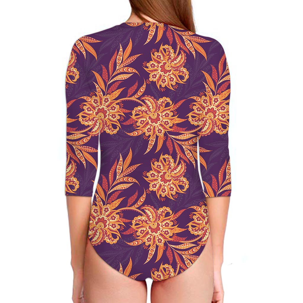 Tangerine Floral Bohemian Pattern Print Long Sleeve Swimsuit