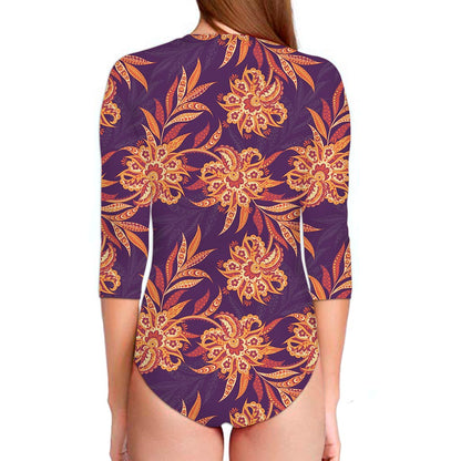Tangerine Floral Bohemian Pattern Print Long Sleeve Swimsuit