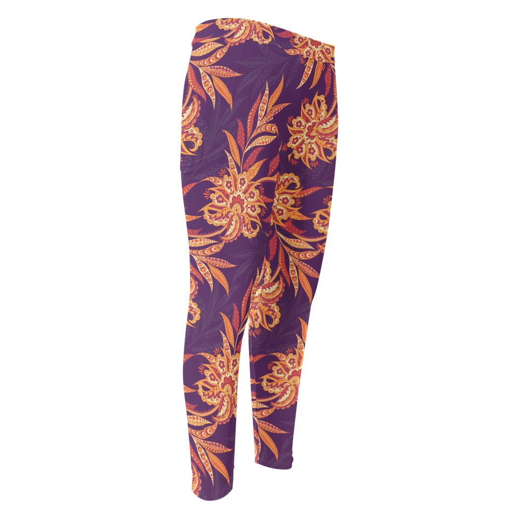 Tangerine Floral Bohemian Pattern Print Men's Compression Pants