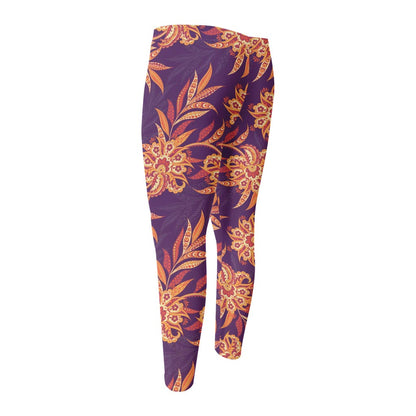Tangerine Floral Bohemian Pattern Print Men's Compression Pants