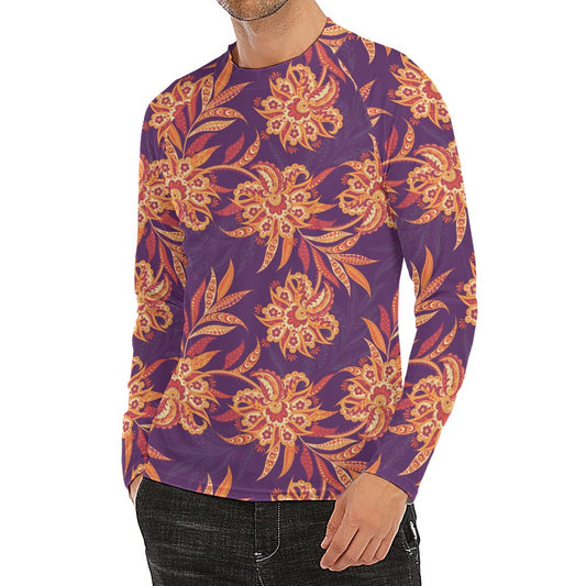 Tangerine Floral Bohemian Pattern Print Men's Long Sleeve Rash Guard