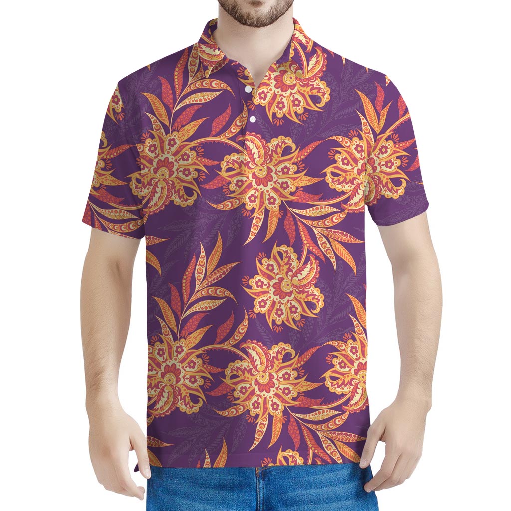 Tangerine Floral Bohemian Pattern Print Men's Polo Shirt