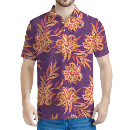 Tangerine Floral Bohemian Pattern Print Men's Polo Shirt