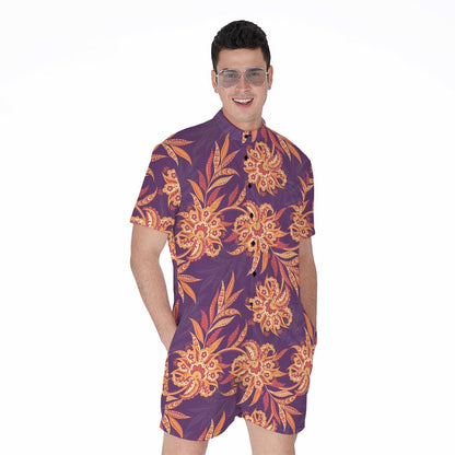 Tangerine Floral Bohemian Pattern Print Men's Rompers