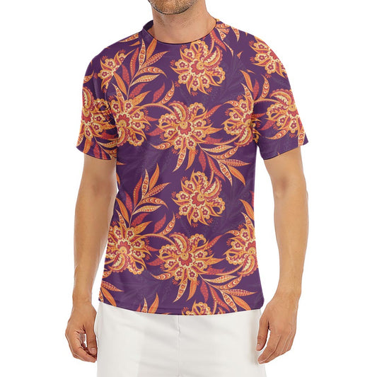 Tangerine Floral Bohemian Pattern Print Men's Short Sleeve Rash Guard