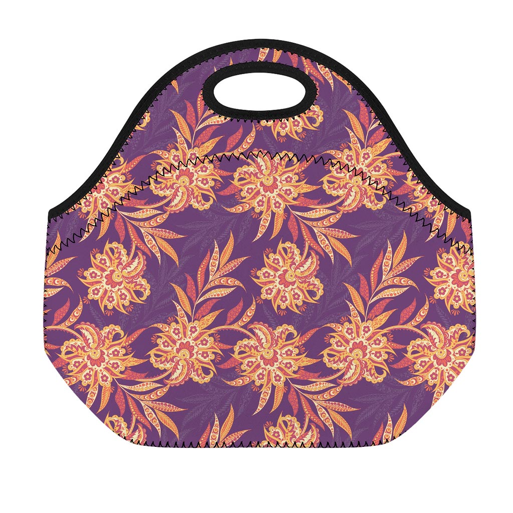 Tangerine Floral Bohemian Pattern Print Neoprene Lunch Bag