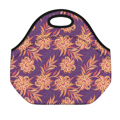 Tangerine Floral Bohemian Pattern Print Neoprene Lunch Bag