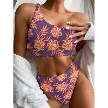 Tangerine Floral Bohemian Pattern Print One Shoulder Bikini Top