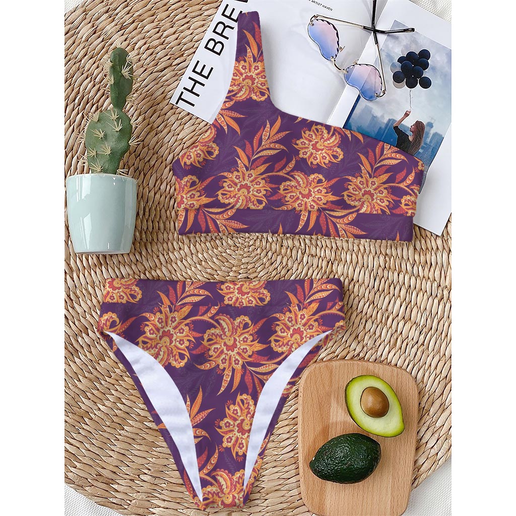 Tangerine Floral Bohemian Pattern Print One Shoulder Bikini Top
