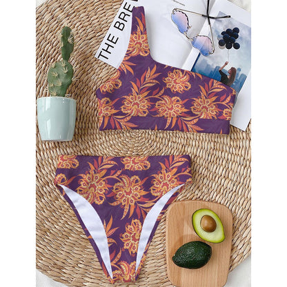 Tangerine Floral Bohemian Pattern Print One Shoulder Bikini Top