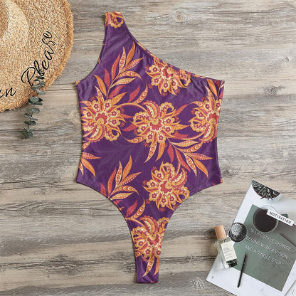 Tangerine Floral Bohemian Pattern Print One Shoulder Bodysuit