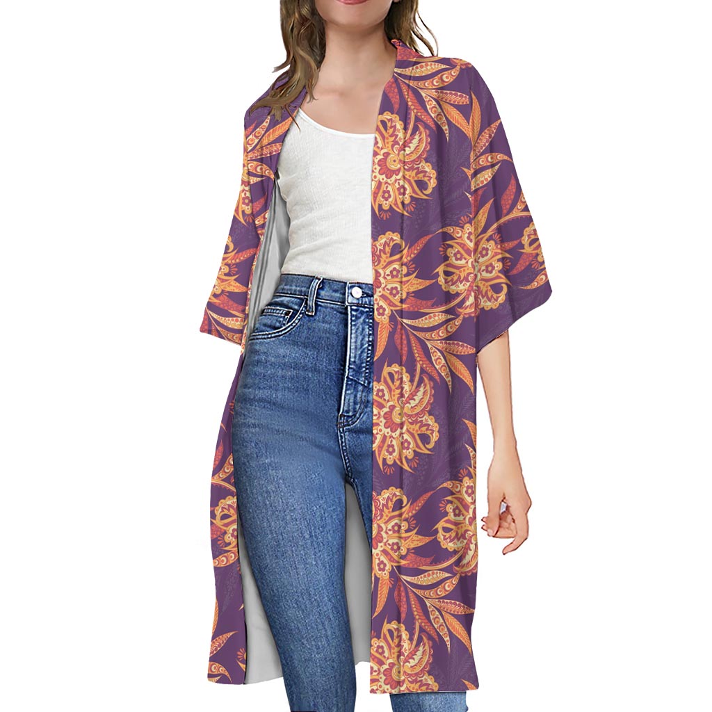 Tangerine Floral Bohemian Pattern Print Open Front Beach Cover Up