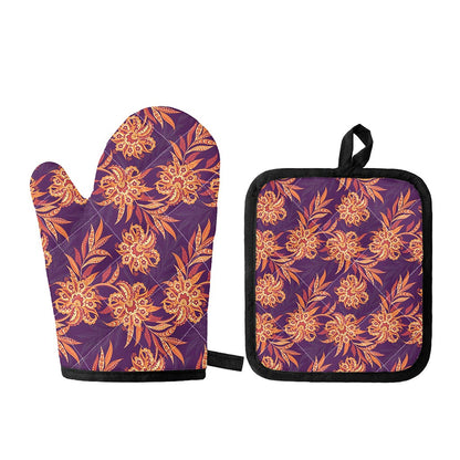 Tangerine Floral Bohemian Pattern Print Oven Mitt And Pot Holder Set