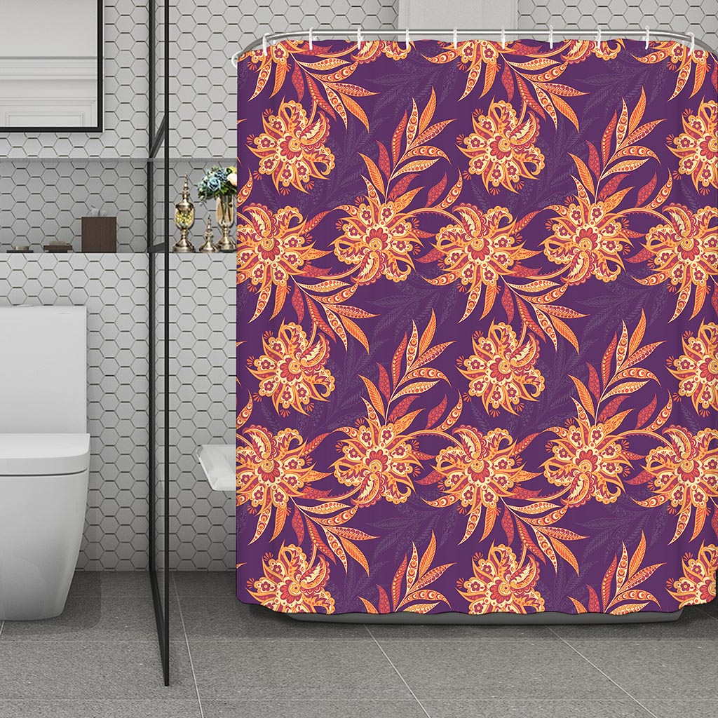 Tangerine Floral Bohemian Pattern Print Polyester Shower Curtain