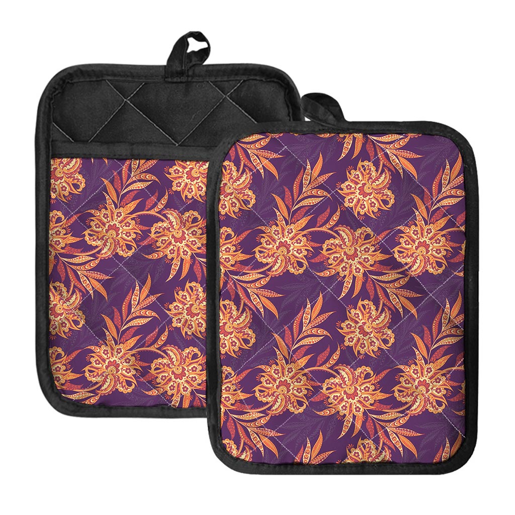 Tangerine Floral Bohemian Pattern Print Pot Holders With Pocket
