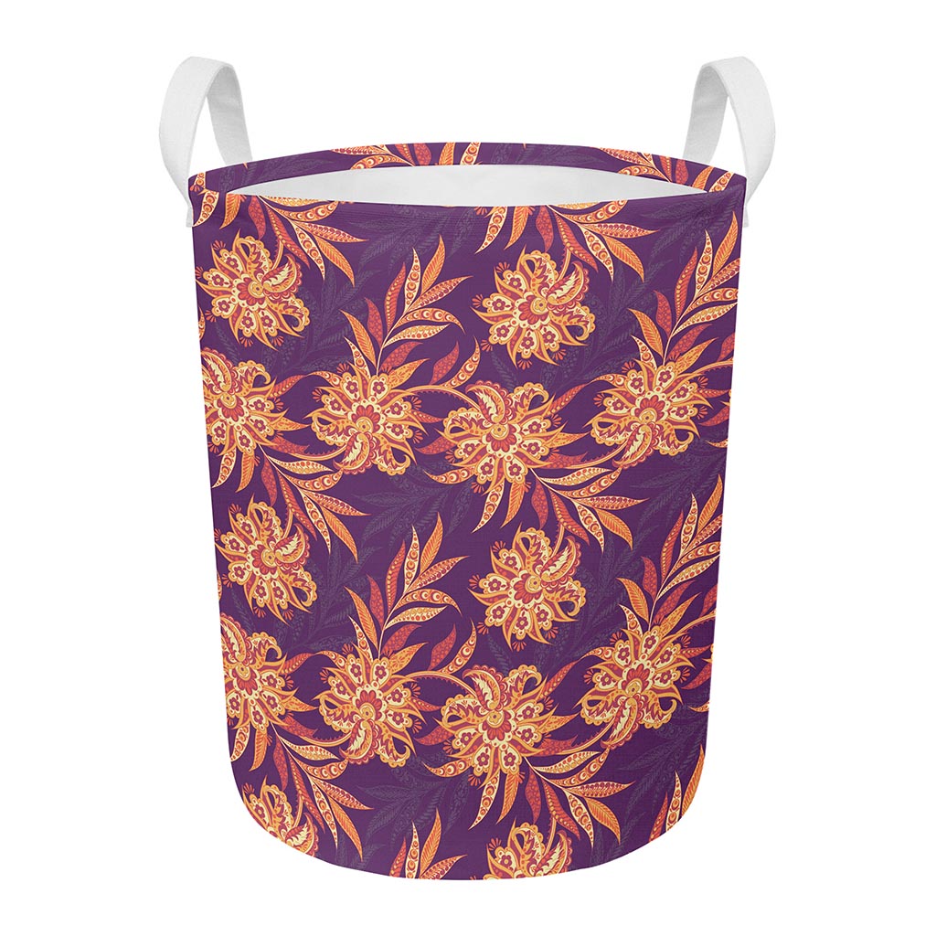 Tangerine Floral Bohemian Pattern Print Round Laundry Basket