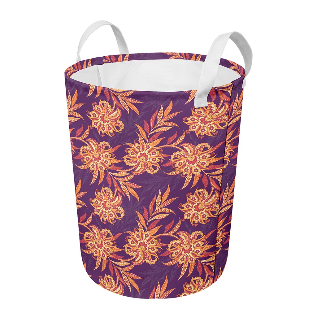 Tangerine Floral Bohemian Pattern Print Round Laundry Basket